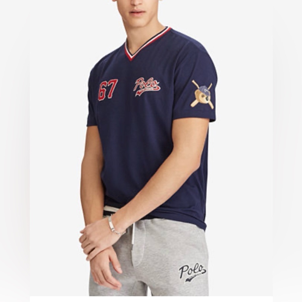 Men’s Polo Bear V Neck Jersey Look Navy Blue Graphic T-Shirt